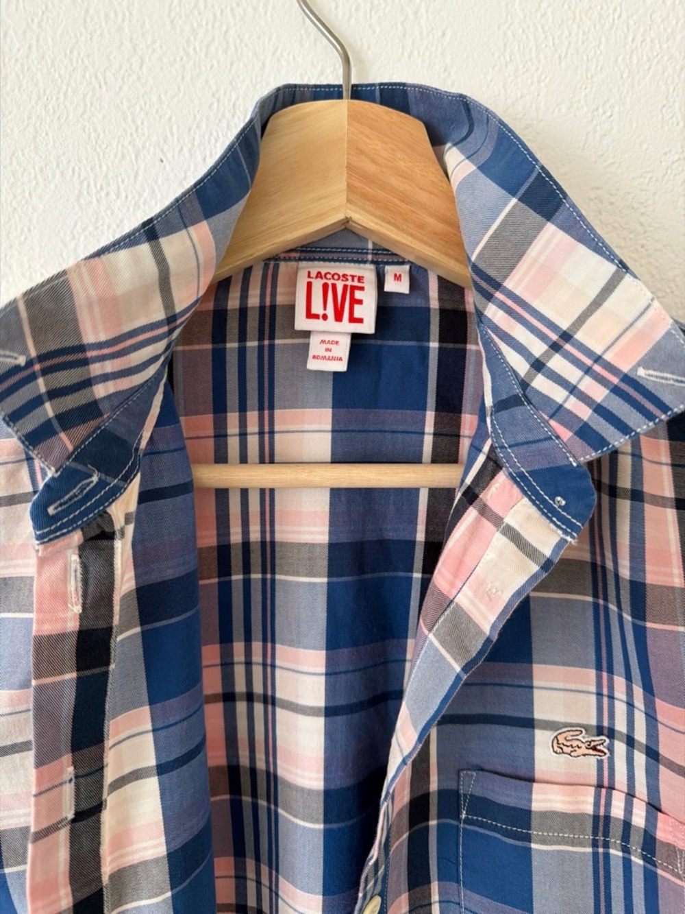 Lacoste LIVE Blue and Pink Plaid Button-Down Shirt